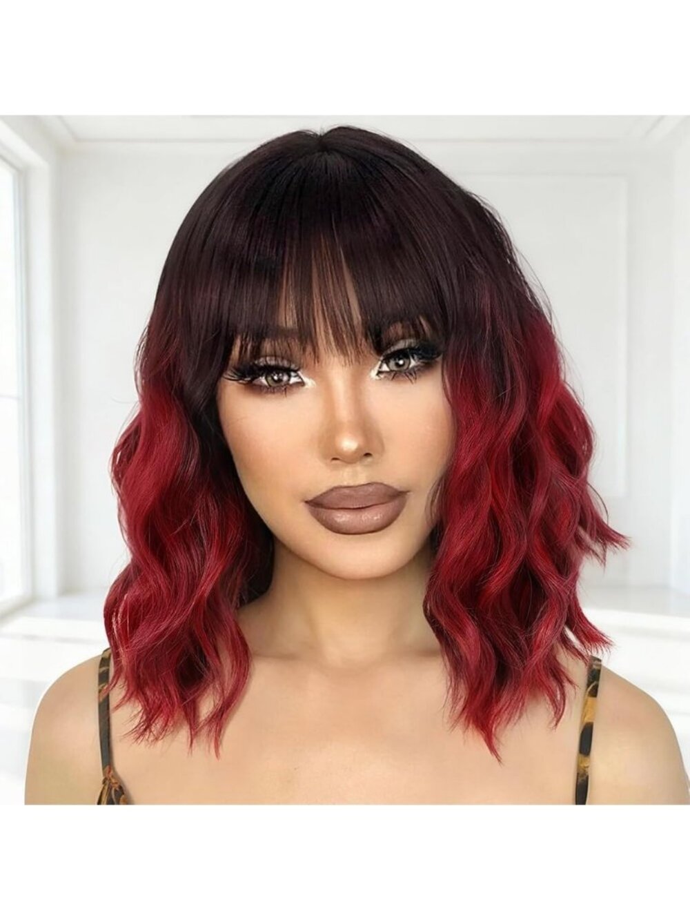 Women's Rbug Short Wavy Curly Looking Natural Bob Wig Synthetic with Bangs